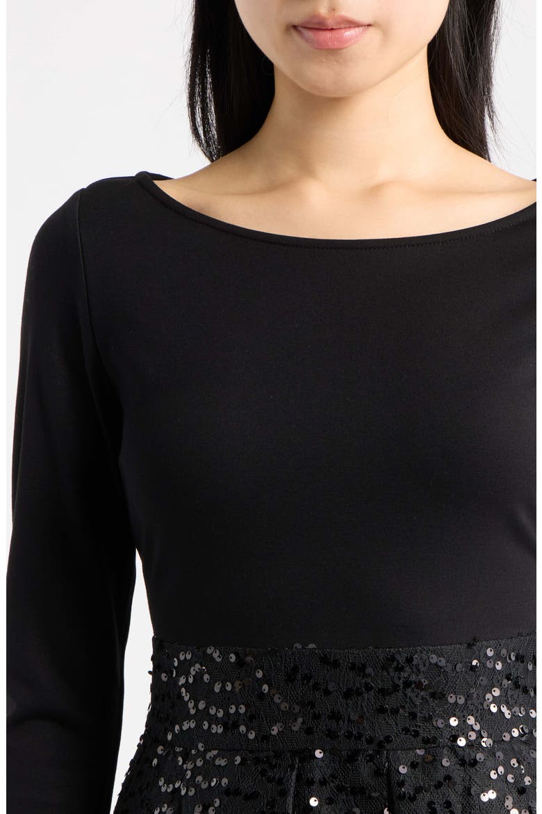 Mixed Media Long Sleeve Dress, Alternate, color, ANNE BLACK