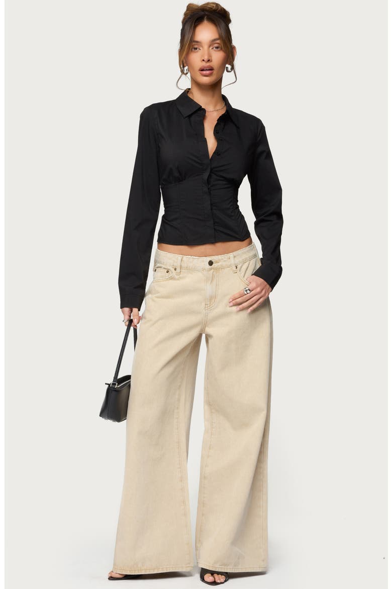 Button Strap Low Rise Baggy Wide Leg Jeans, Alternate, color, BEIGE