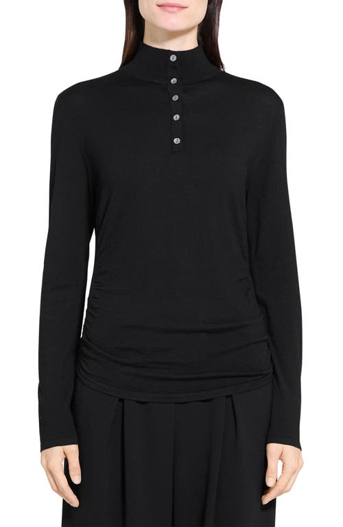 Theory Shirred Mock Neck Merino Wool Top In Black