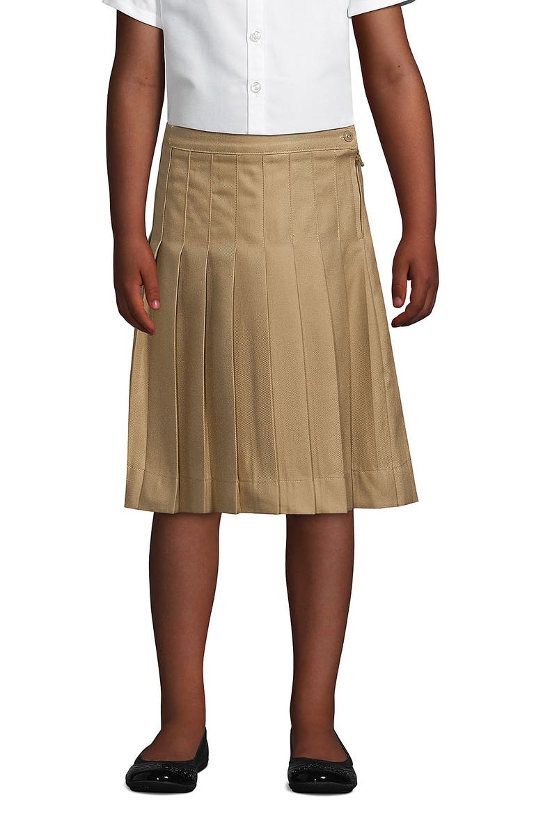 Lands' End School Uniform Girls Solid Pleated Skirt Below the Knee, Main, color, Khaki