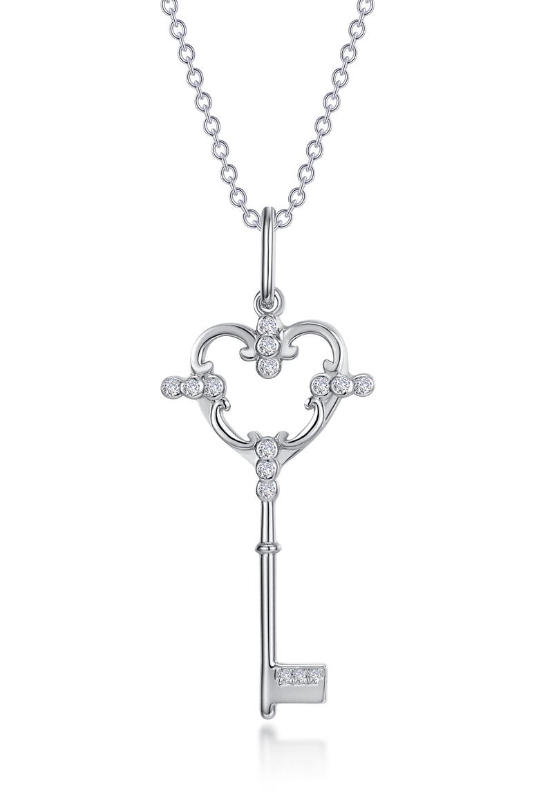 Key for the Heart Simulated Diamond Pendant Necklace, Main, color, WHITE GOLD
