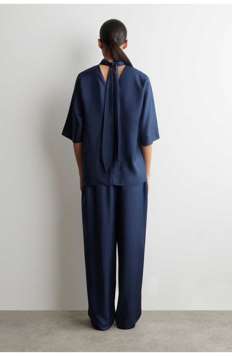 COS Draped Tie-detail Silk Top, Alternate, color, Navy