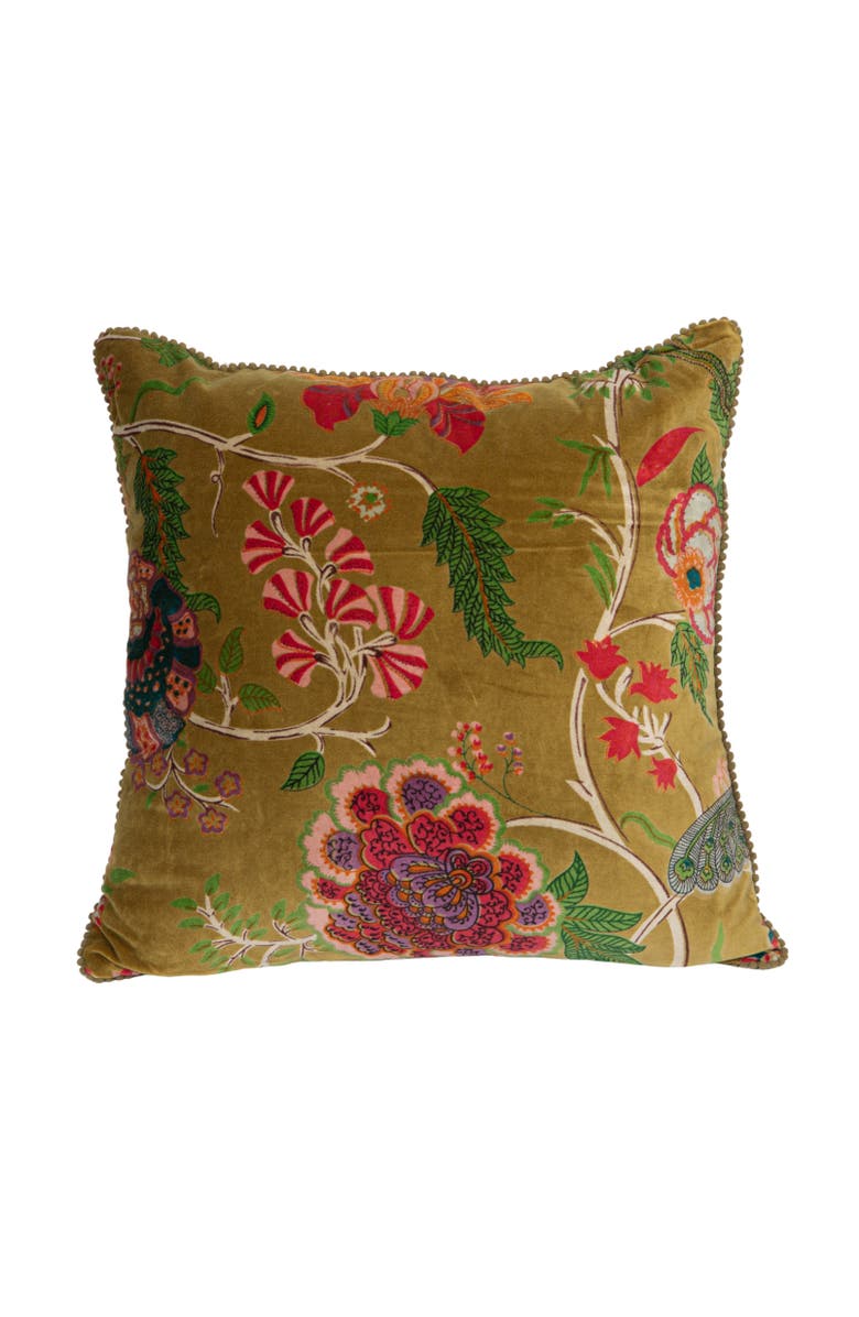 Storied Home Cotton Blend Velvet Pillow and Mini Pom Pom Trim, Main, color, Green