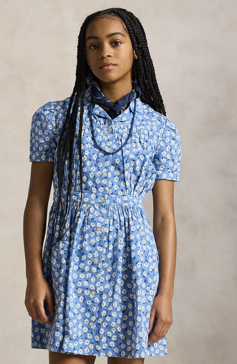 Polo Ralph Lauren Kids' Floral Short Sleeve Cotton Shirtdress, Alternate, color, Blue Multi