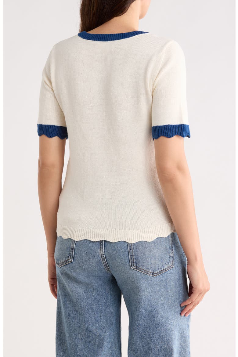 Shell Embroidered Short Sleeve Cotton Blend Sweater, Alternate, color, GARDENIA