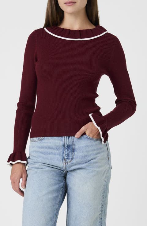 Ruffle Neck Ribbed Sweater
