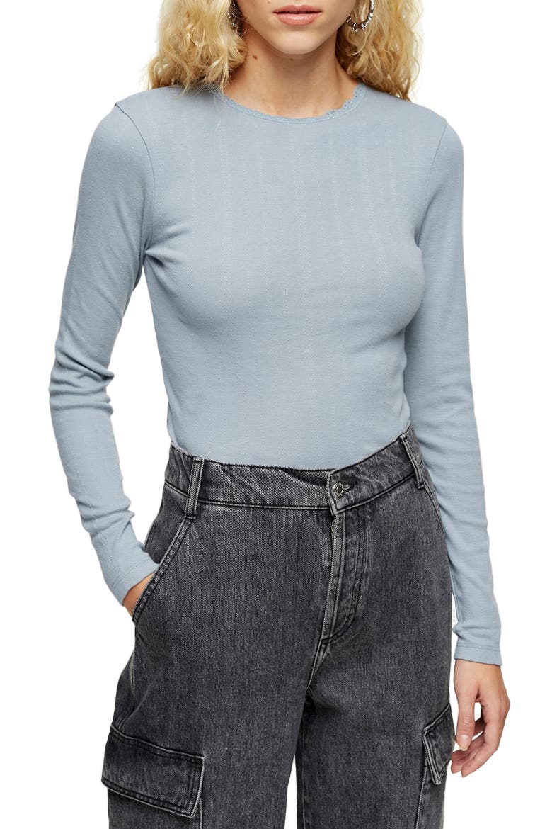 Long Sleeve Pointelle Crop Top, Main, color, BLUE