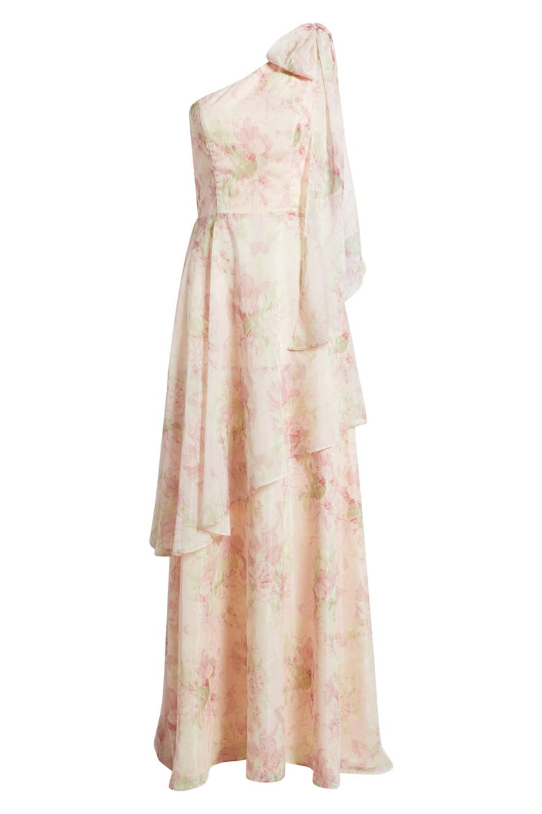 Amara Floral Print One-Shoulder Gown, Alternate, color, PINK MULTI