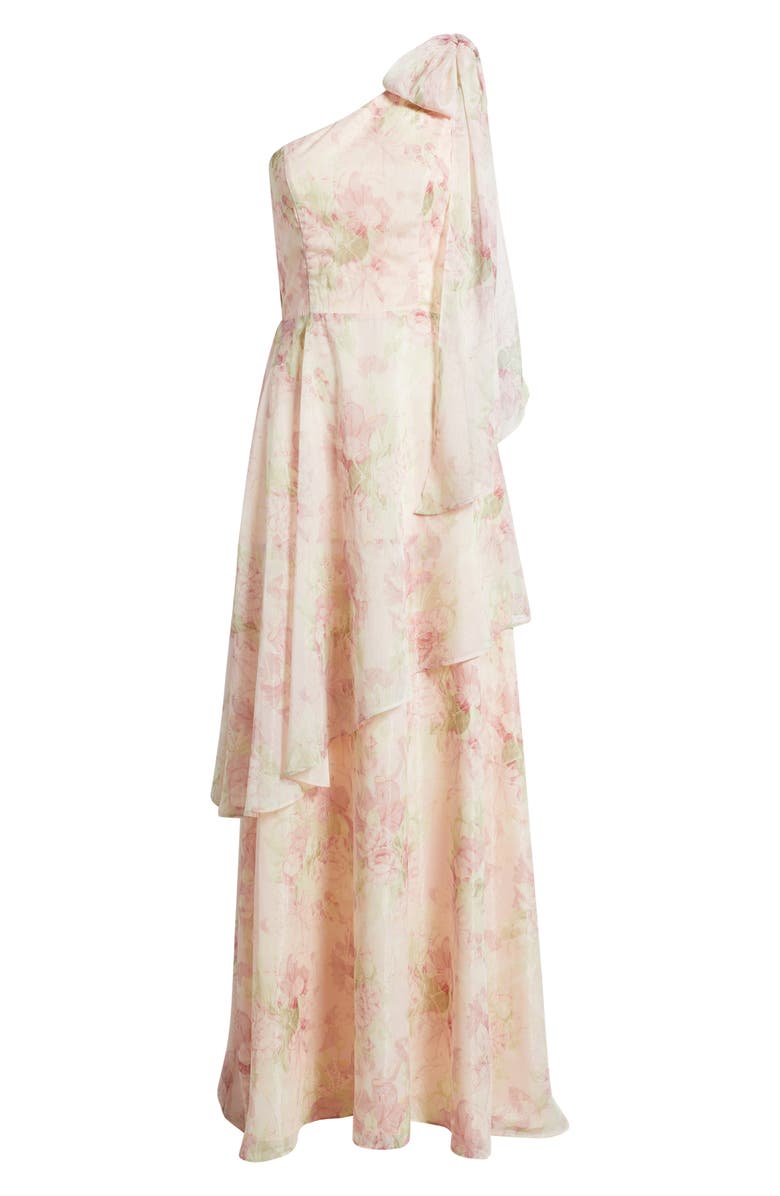 Lulus Amara Floral Print One-Shoulder Gown, Alternate, color, Pink Multi
