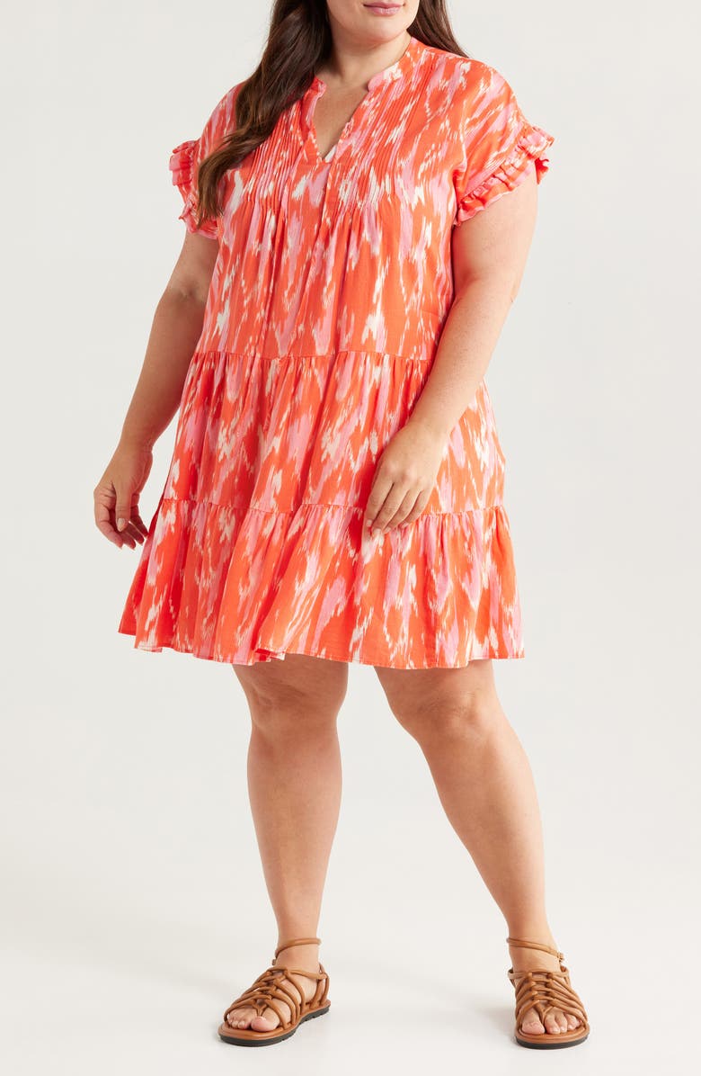 Caslon<sup>®</sup> Pintuck Tiered Linen Blend Shift Dress, Main, color, Coral- Pink Ikat Allover