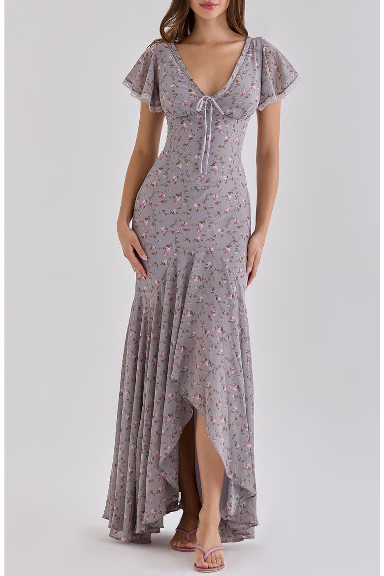 Amina Floral Flutter Sleeve High-Low Gown, Alternate, color, LILAC VINTAGE FLORAL PRINT
