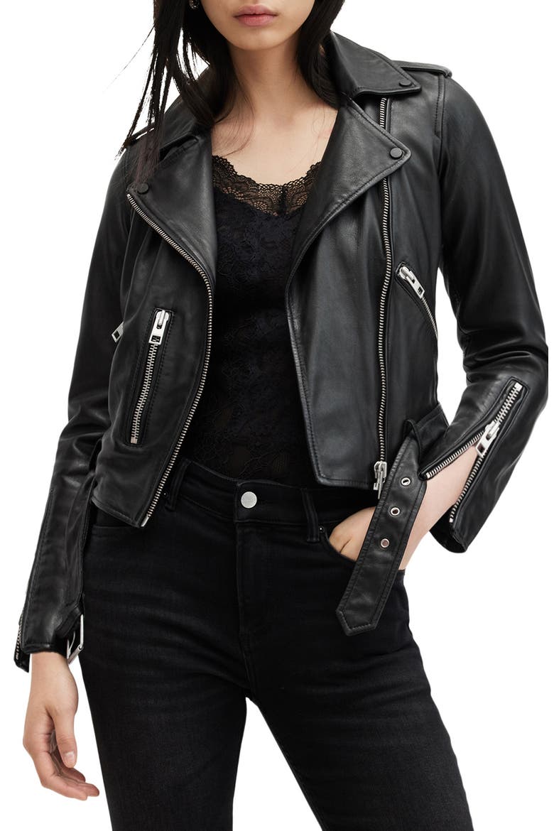 Balfern Leather Biker Jacket, Main, color, BLACK/ SILVER