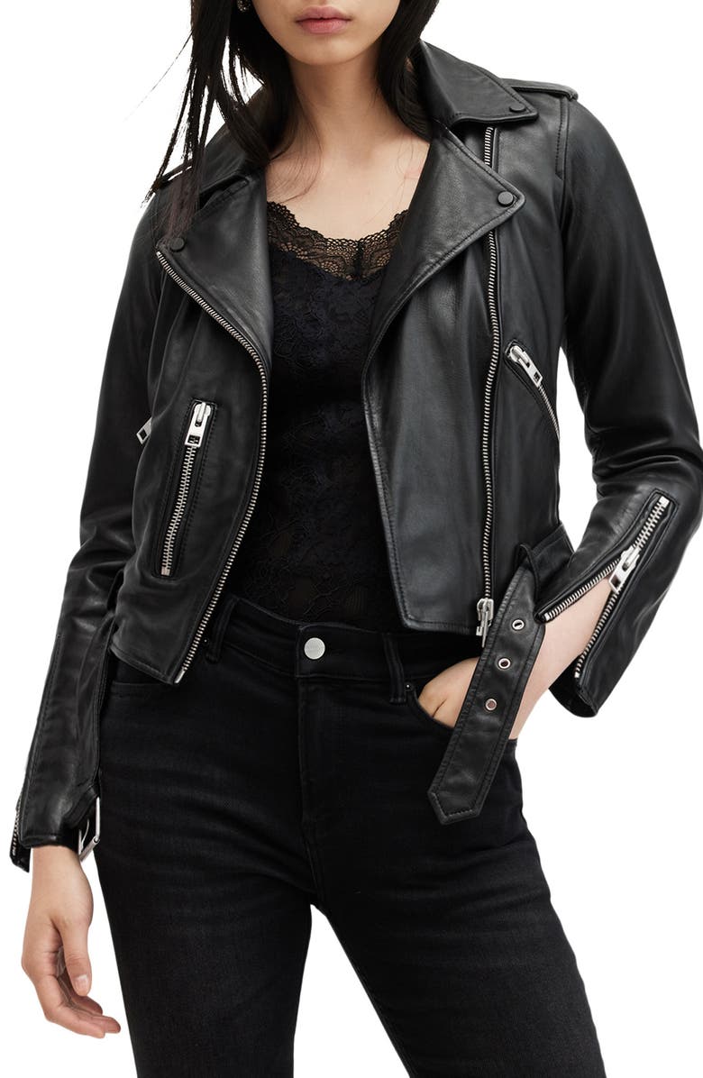 AllSaints Balfern Leather Biker Jacket, Main, color, Black/ Silver