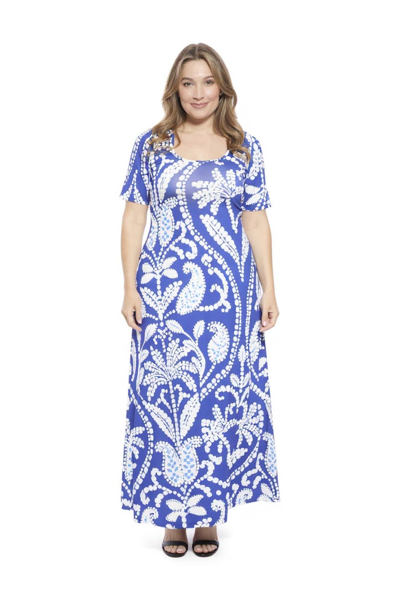 Curvy Essential Paisley Scoop Neck Elbow Sleeve A-Line Maxi Dress, Main, color, Blue Multi