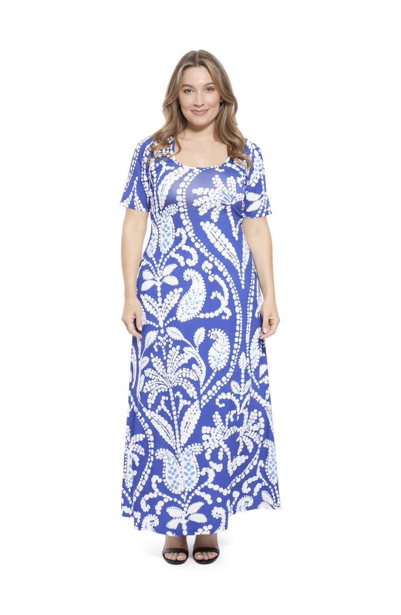 24seven Comfort Apparel Curvy Essential Paisley Scoop Neck Elbow Sleeve A-Line Maxi Dress, Main, color, Blue Multi