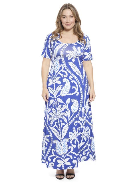 Curvy Essential Paisley Scoop Neck Elbow Sleeve A-Line Maxi Dress