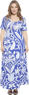 24seven Comfort Apparel Curvy Essential Paisley Scoop Neck Elbow Sleeve A-Line Maxi Dress