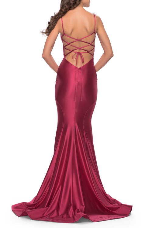 La Femme Liquid Jersey Mermaid Gown With Lace Up Back In Deep Red