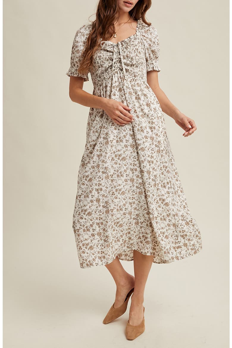 Floral Ruched Midi Dress, Main, color, CREAM/ TAUPE