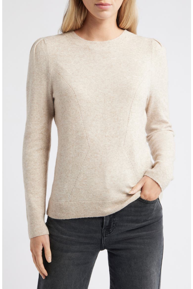 Pointelle Detail Crewneck Sweater, Main, color, TAN DOESKIN HEATHER