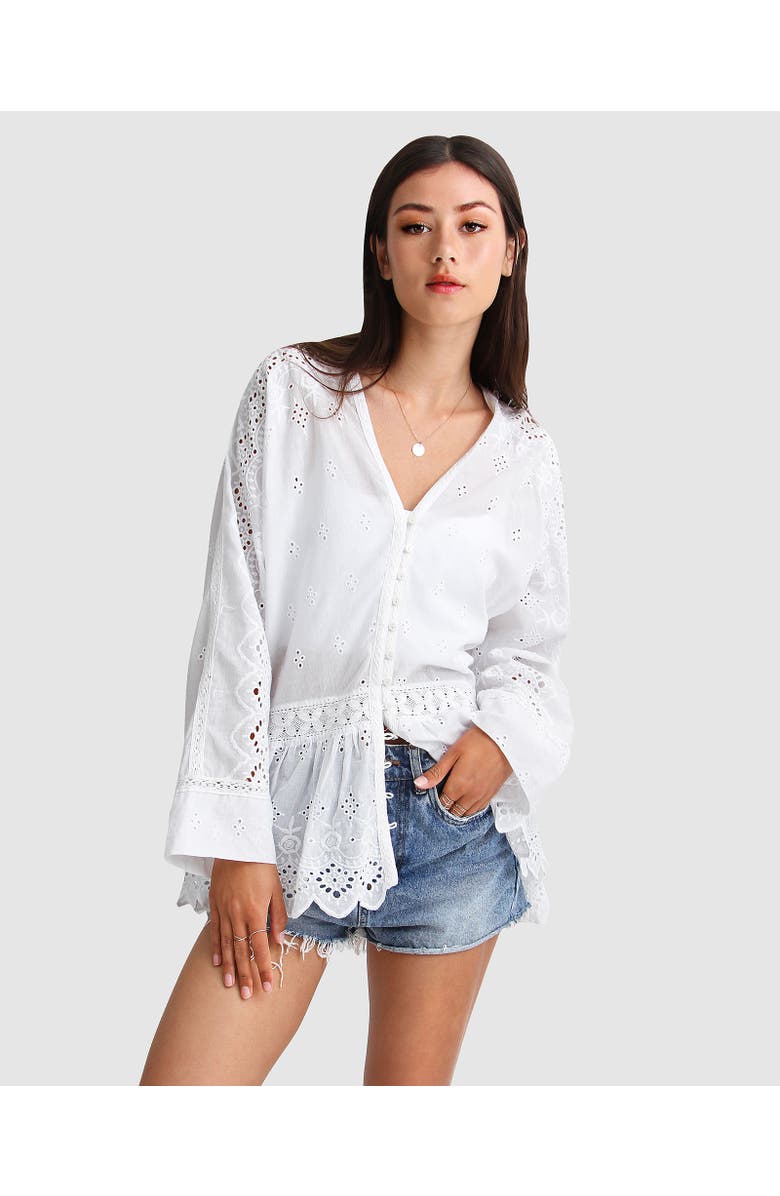 Belle & Bloom Unbutton Me Eyelet Button Down Shirt, Alternate, color, White