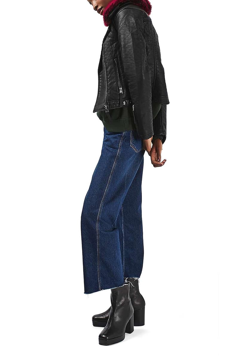 Topshop 'Honey' Faux Fur Collar Faux Leather Moto Jacket, Alternate, color,