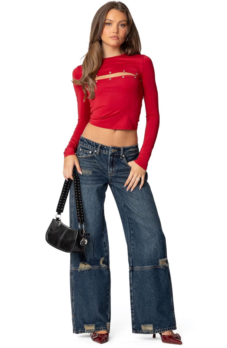 EDIKTED Ripped Low Rise Wide Leg Jeans, Alternate, color, Blue