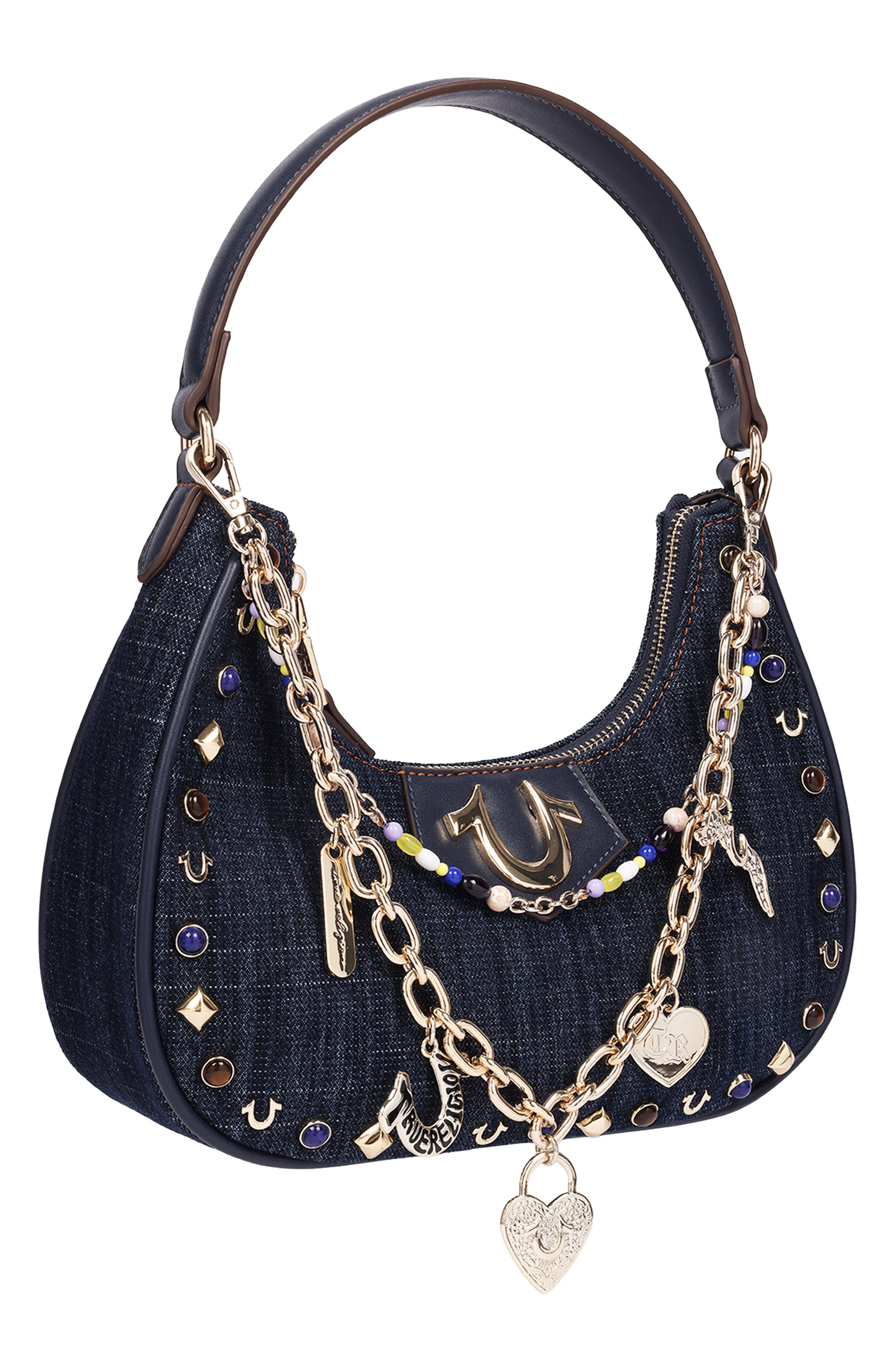 Chain & Studs Denim Hobo Bag, Alternate, color, DARK DENIM