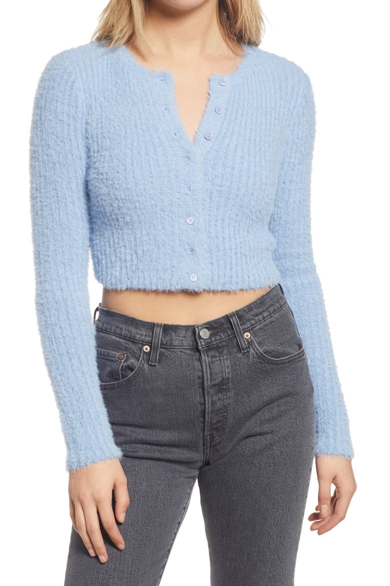 Fuzzy Crop Cardigan, Main, color, BLUE FOREVER