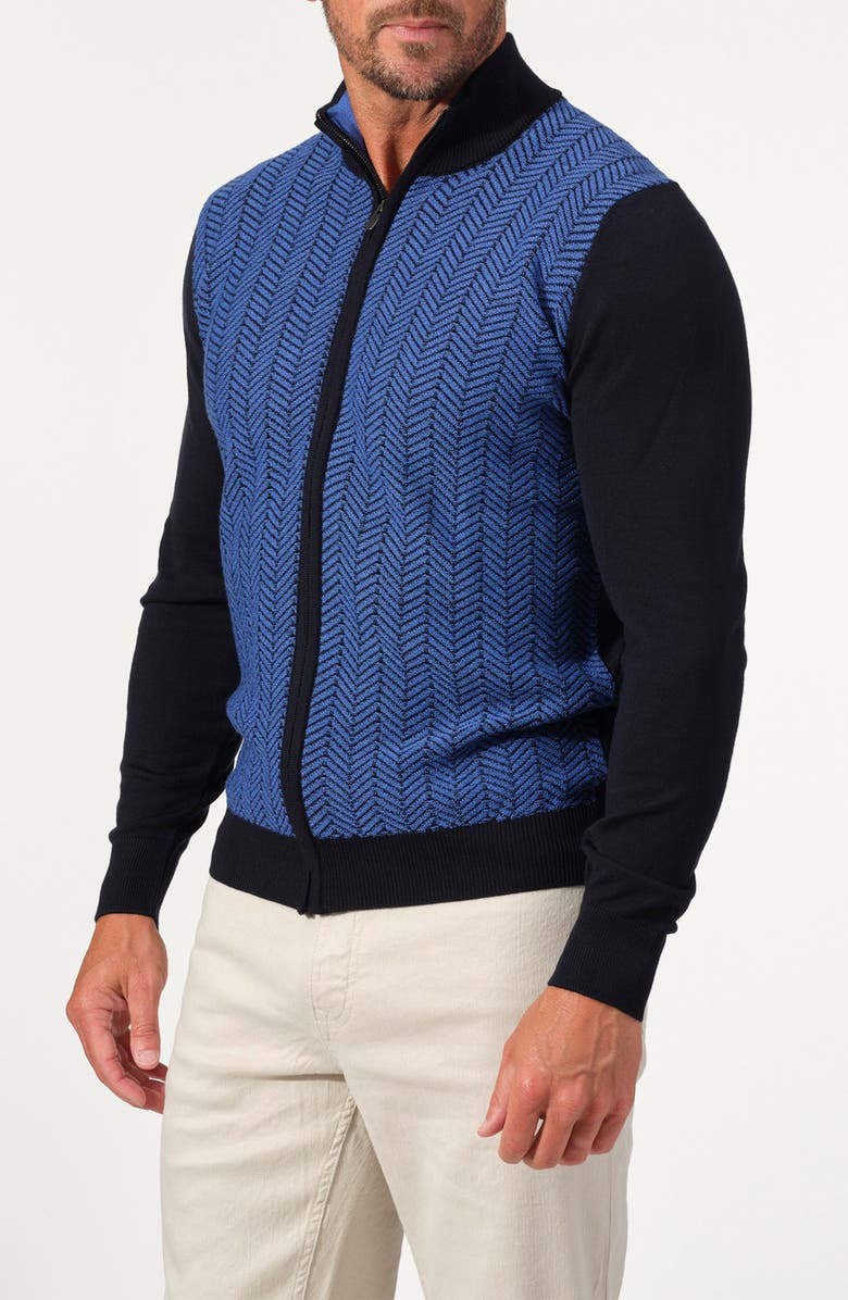 STUDIO GARNET LOS ANGELES Chevron Merino Wool Full Zip Sweater, Alternate, color, Navy