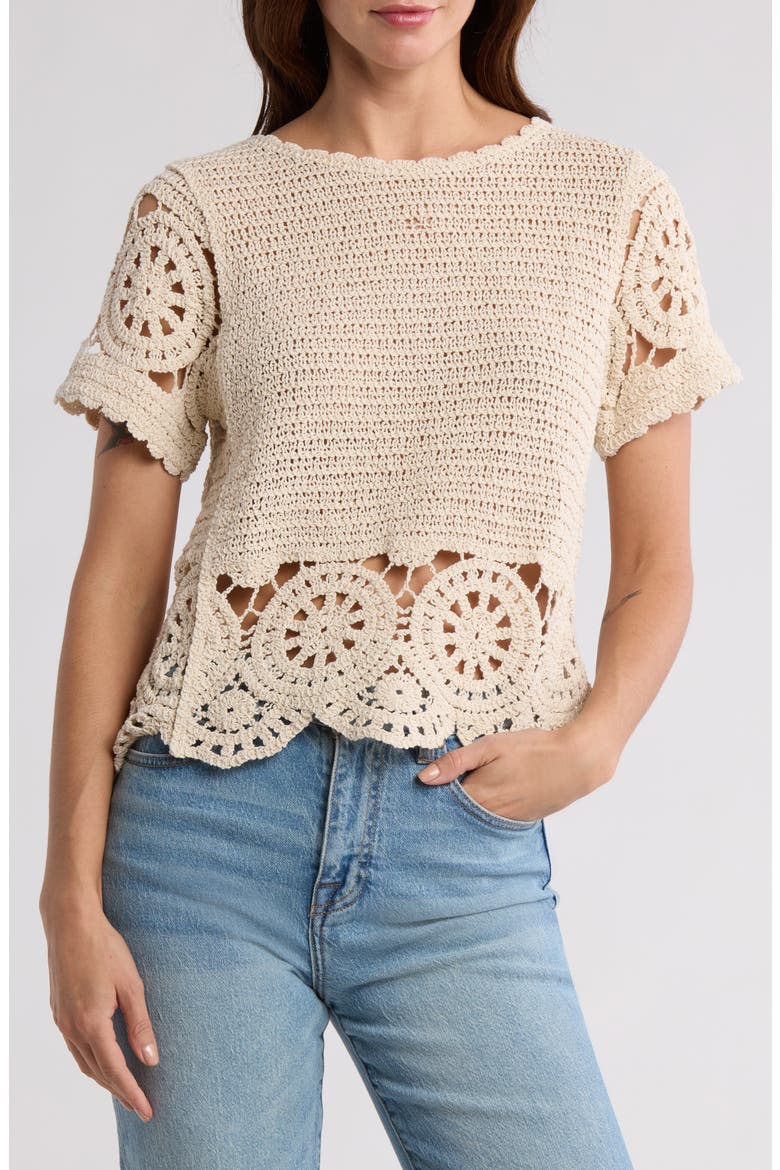 Crochet Stitch Short Sleeve Top, Main, color, NATURAL