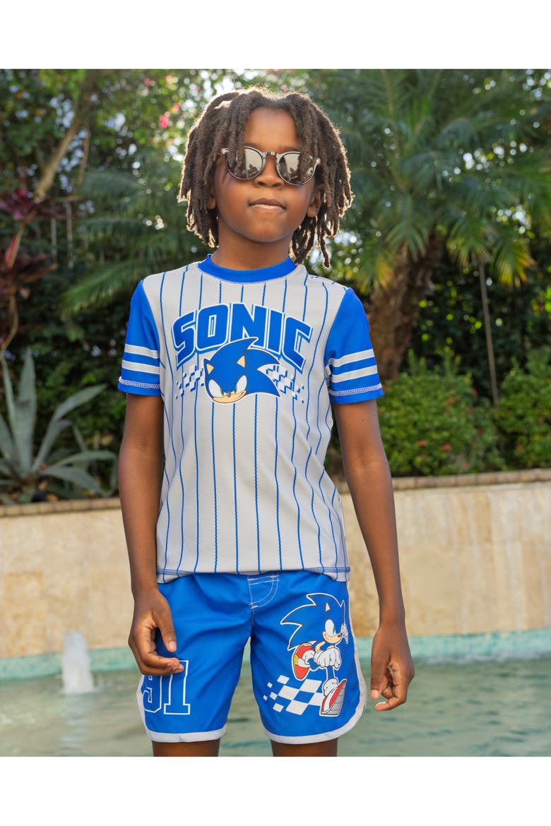Sonic the Hedgehog 2-Piece Swimwear Rash Guard and Swim Trunks Set, Alternate, color, Sonic Grey Blue
