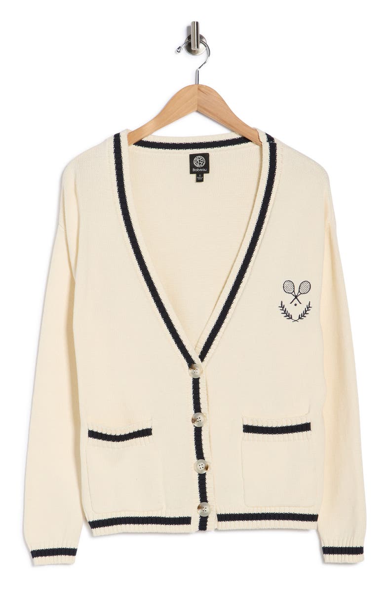 Bobeau Varsity Cotton Cardigan, Main, color, Cream/ Navy