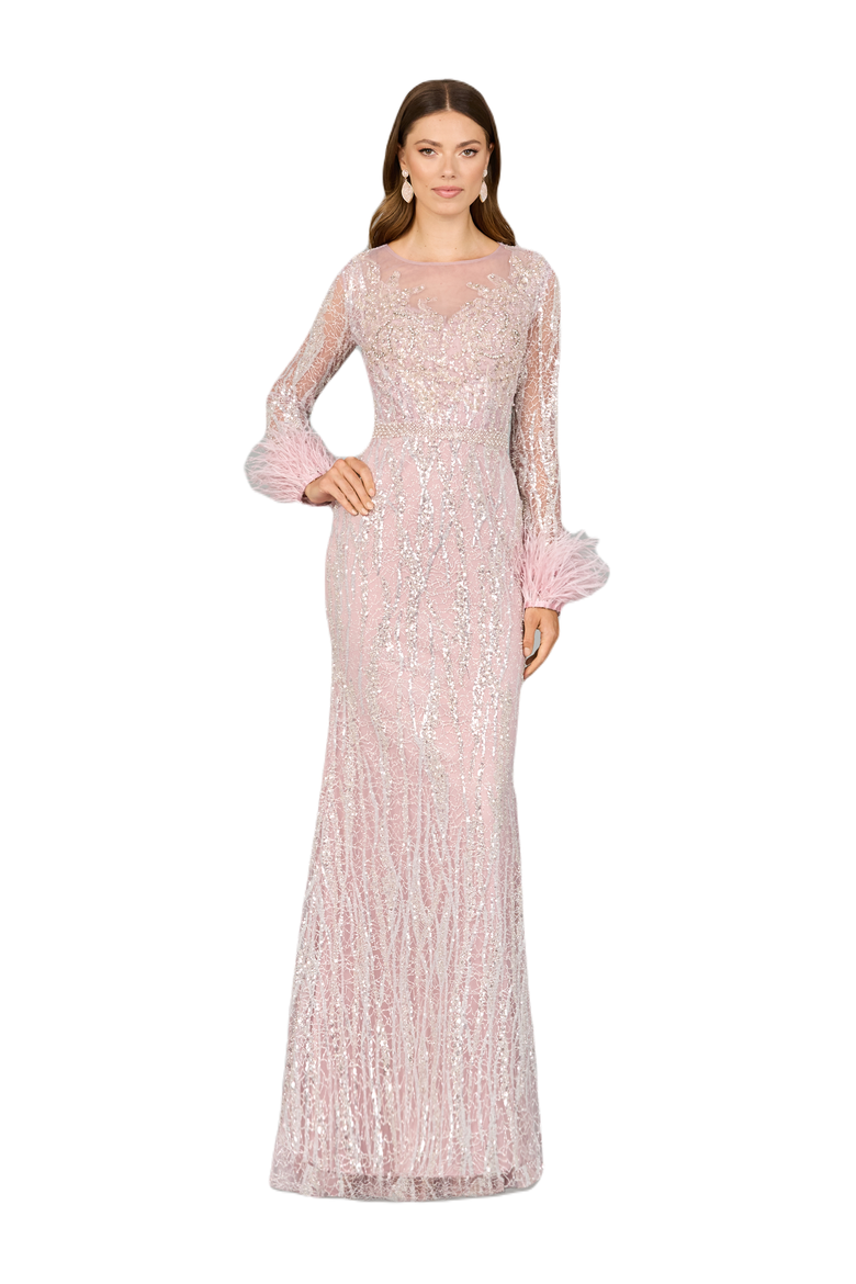 Long Sleeve Sheath Gown with Feathers, Main, color, PurpleMist