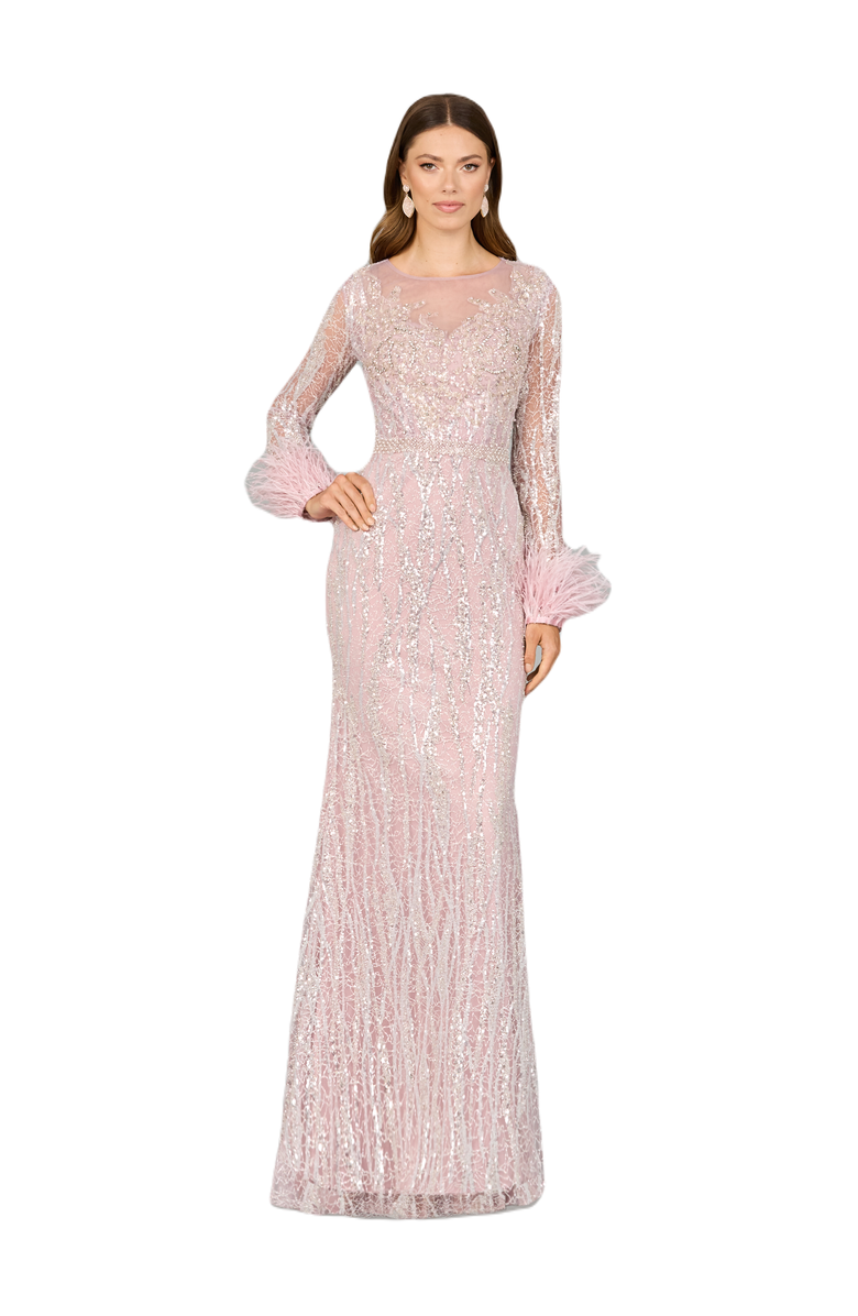 LARA New York Long Sleeve Sheath Gown with Feathers, Main, color, Purplemist