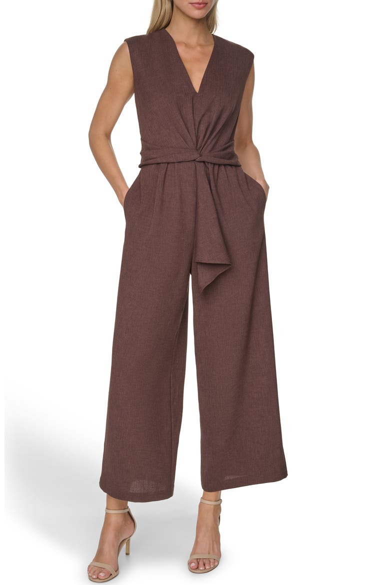 Twist Front Wide Leg Jumpsuit, Main, color, COFFEE BEAN