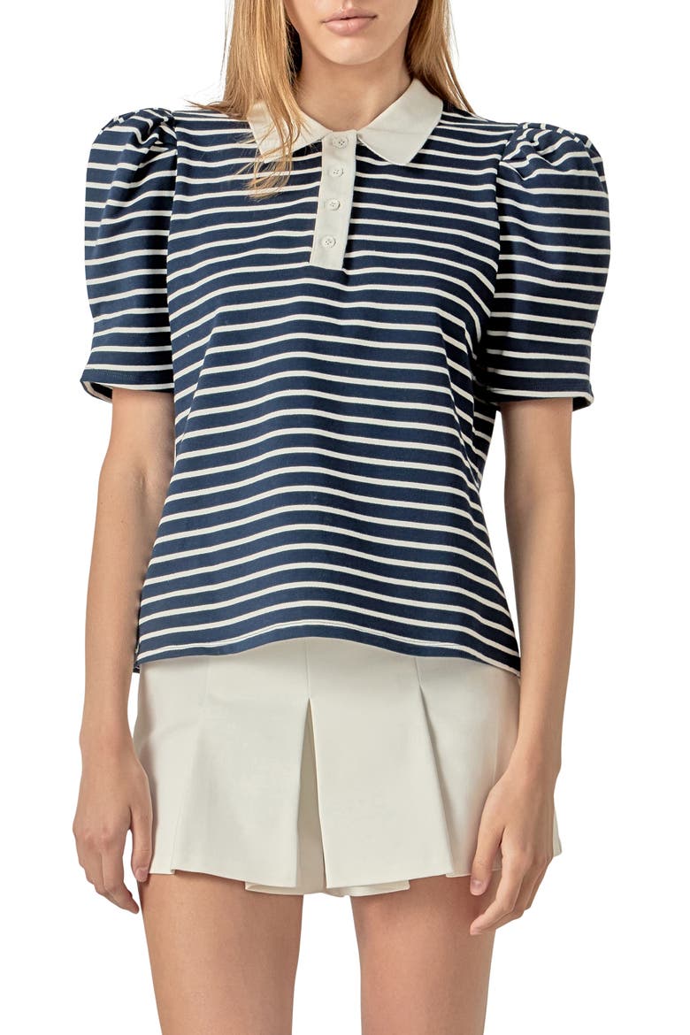 Puff Sleeve Polo, Main, color, NAVY/ WHITE