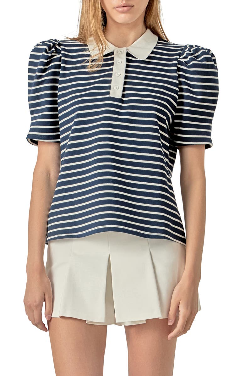 English Factory Puff Sleeve Polo, Main, color, Navy/ White