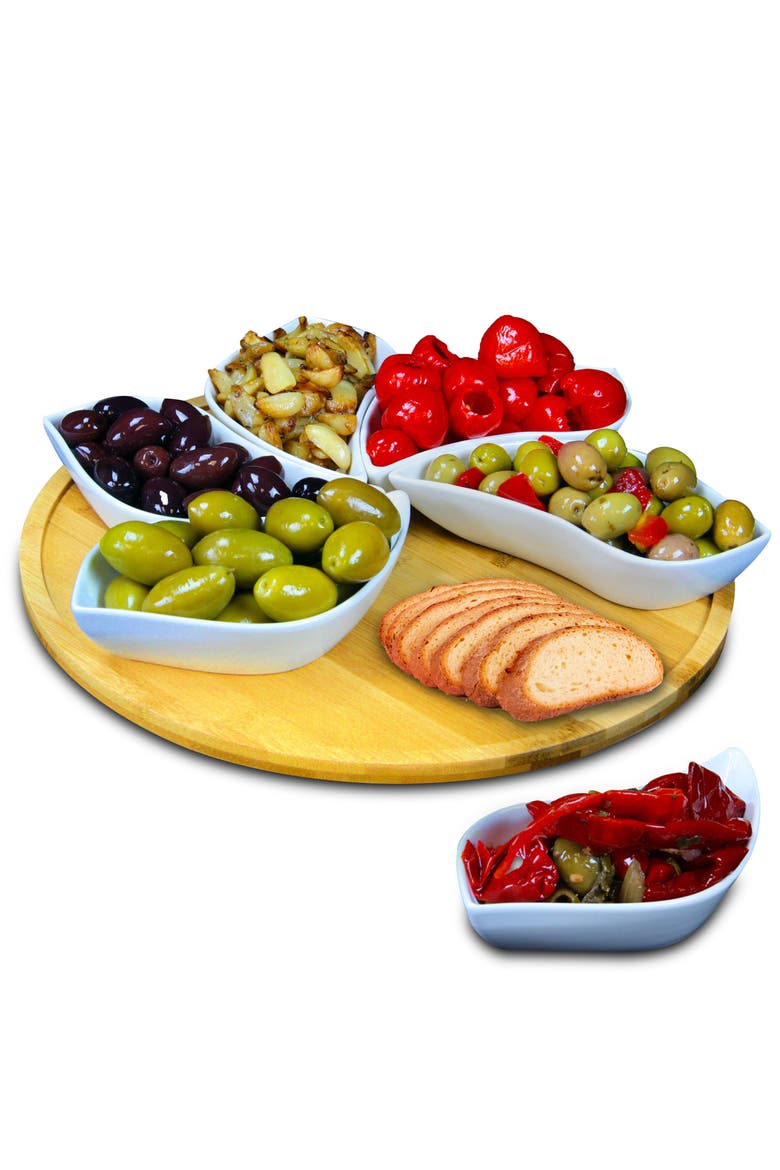 Modern 13.5 Inch 7pc Lazy Susan Appetizer and Condiment Server Set with 6 Unique Design Serving Dishes and a Wood Lazy Suzan Serving Tray, Alternate, color, White