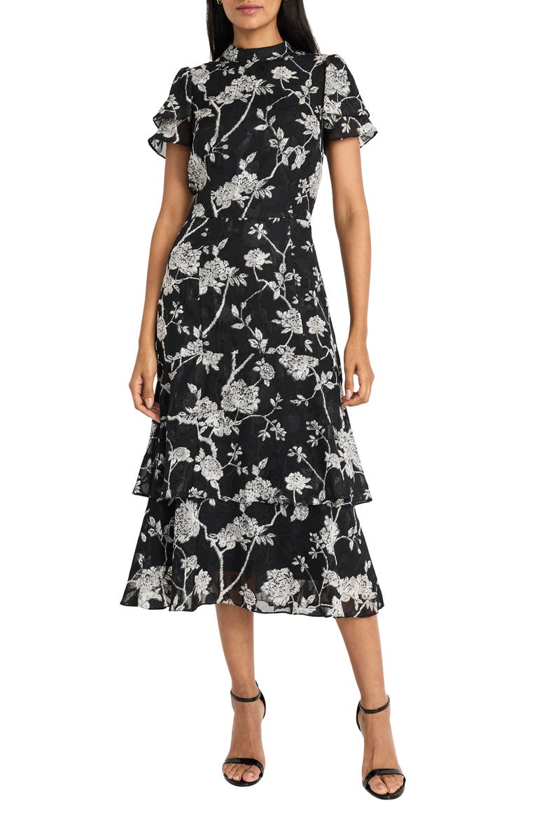 Floral Short Sleeve Tiered Midi Dress, Main, color, BLACK/WHITE