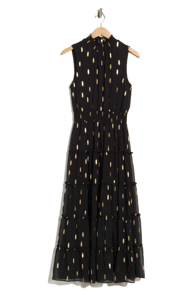 Print Smocked Mock Neck Tiered Maxi Dress, Alternate, color, BLACK/GOLD