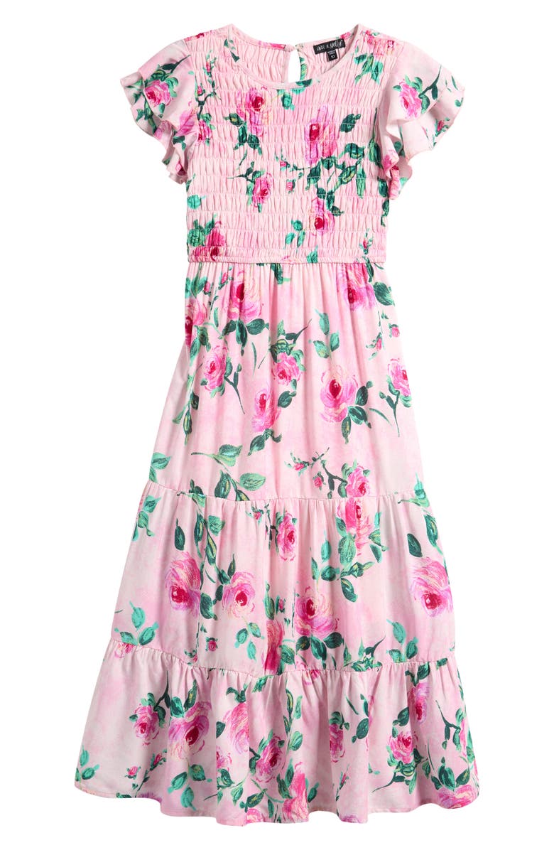 Ava & Yelly Kids' Chiffon Smocked Ruffle Maxi Dress, Main, color, Rose