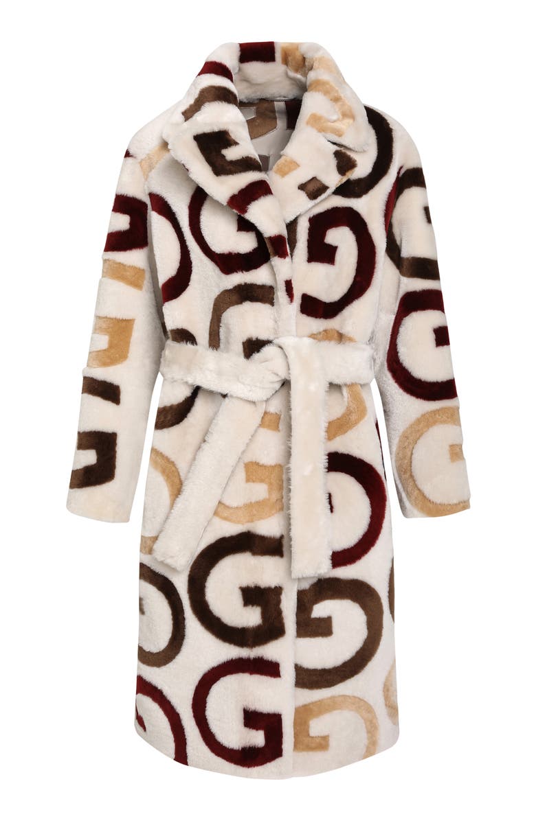 GORSKI Reversible Genuine Shearling G Intarsia Short Coat, Belt, Alternate, color, Cream/Wine/Chestnut/Camel