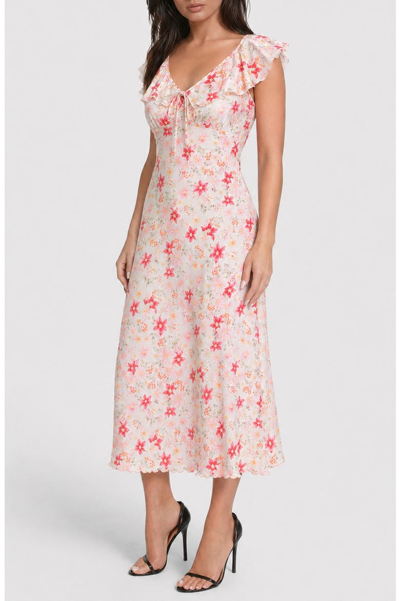 Ruffle Trim Satin Midi Dress, Alternate, color, PINK FLORAL