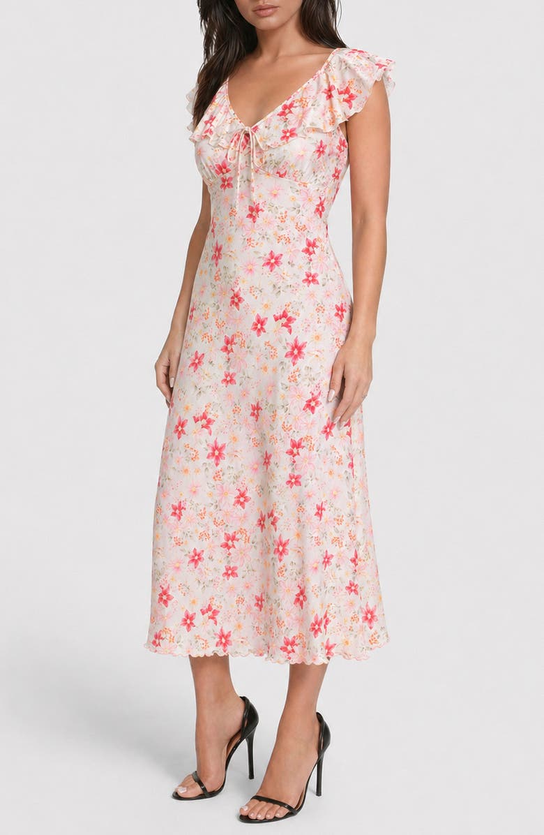 bebe Ruffle Trim Satin Midi Dress, Alternate, color, Pink Floral