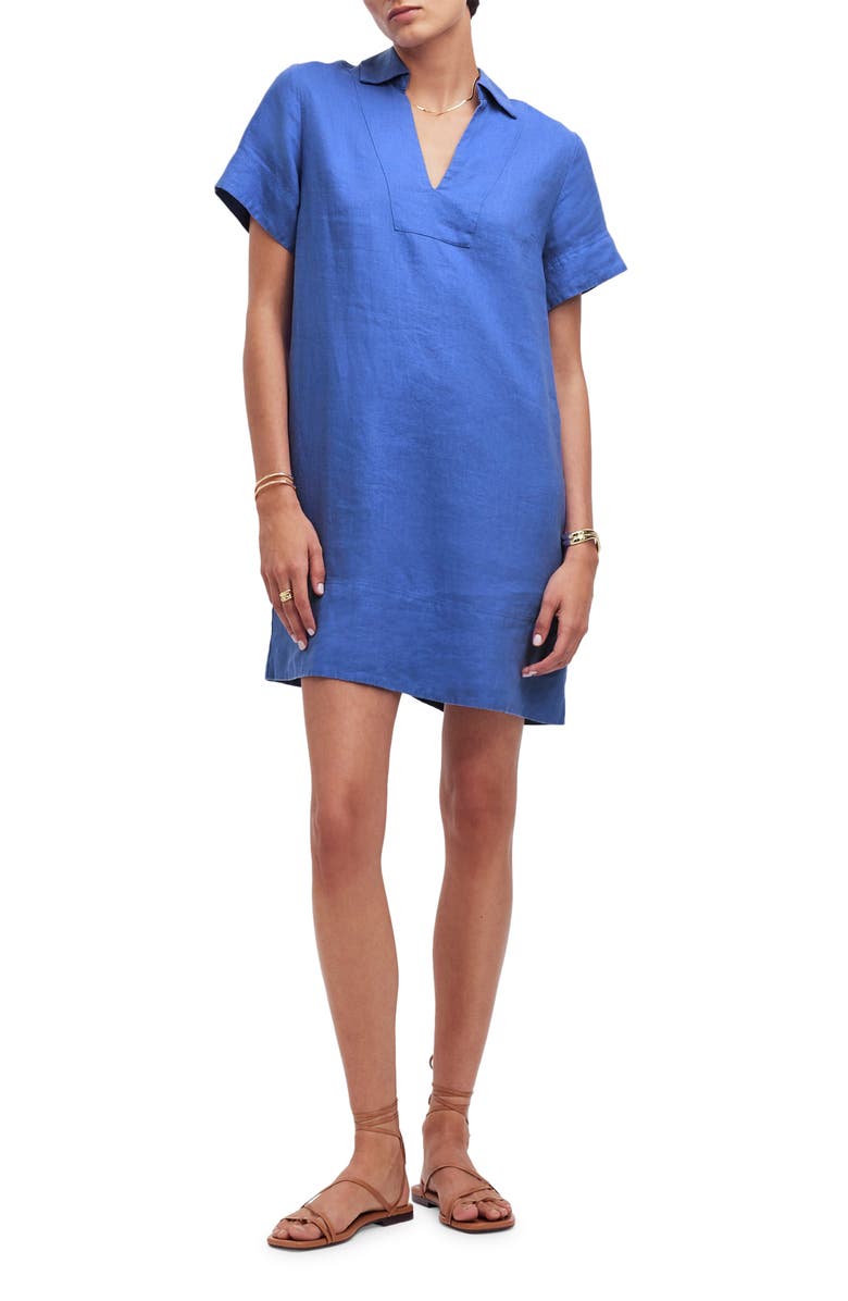 Madewell Johnny Collar V-Neck Linen Minidress, Main, color, Blue Star