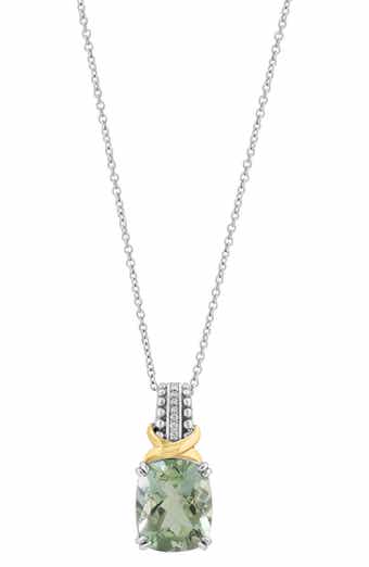 Sterling Silver & 14K Gold Green Quartz & Diamond Pendant Necklace