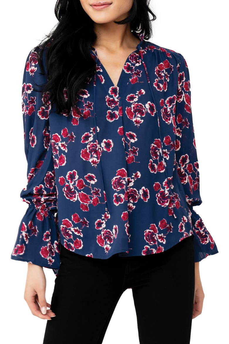 Floral Print Tie Neck Blouse, Main, color, BLUE DEPTHS FLORAL