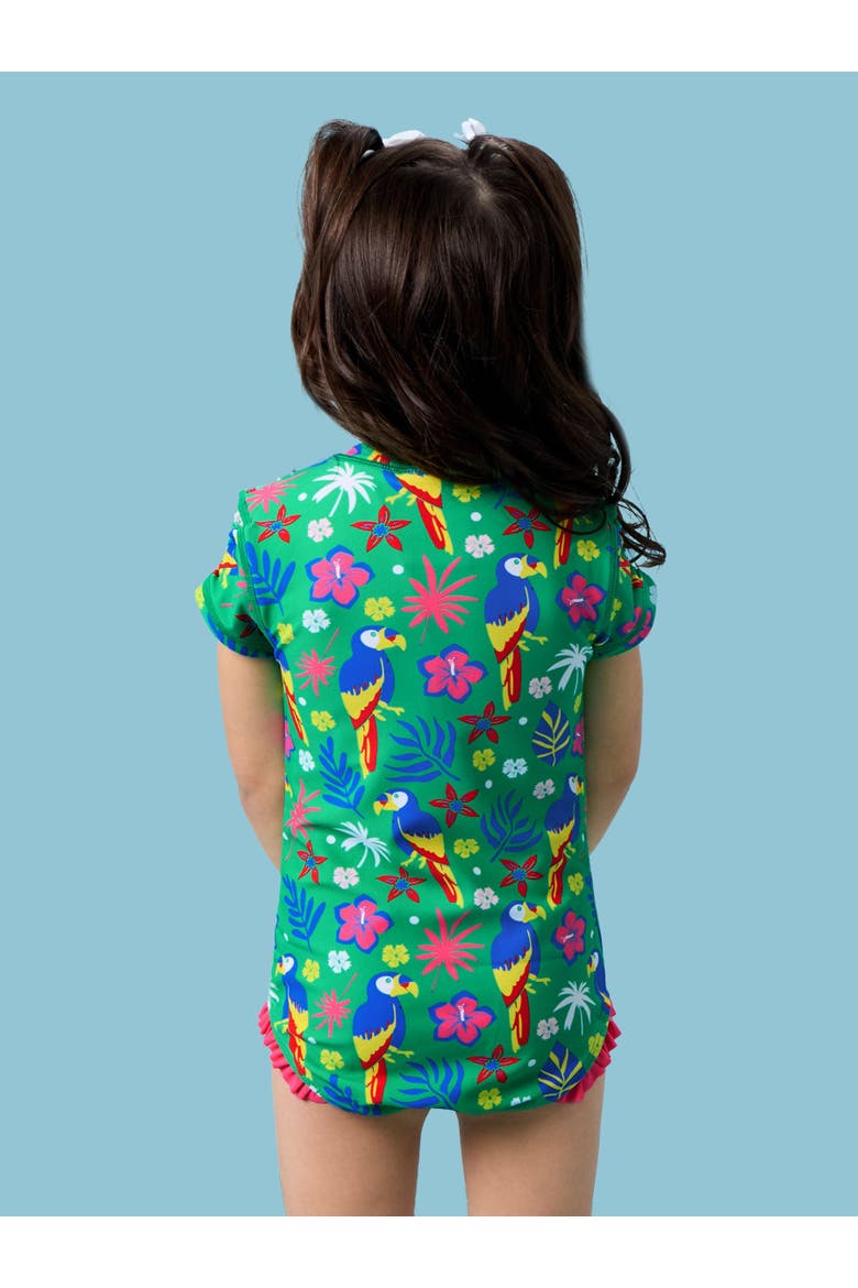 Girls Short Sleeve UPF50+ One Piece Rash Guard, Alternate, color, Parrot Palms