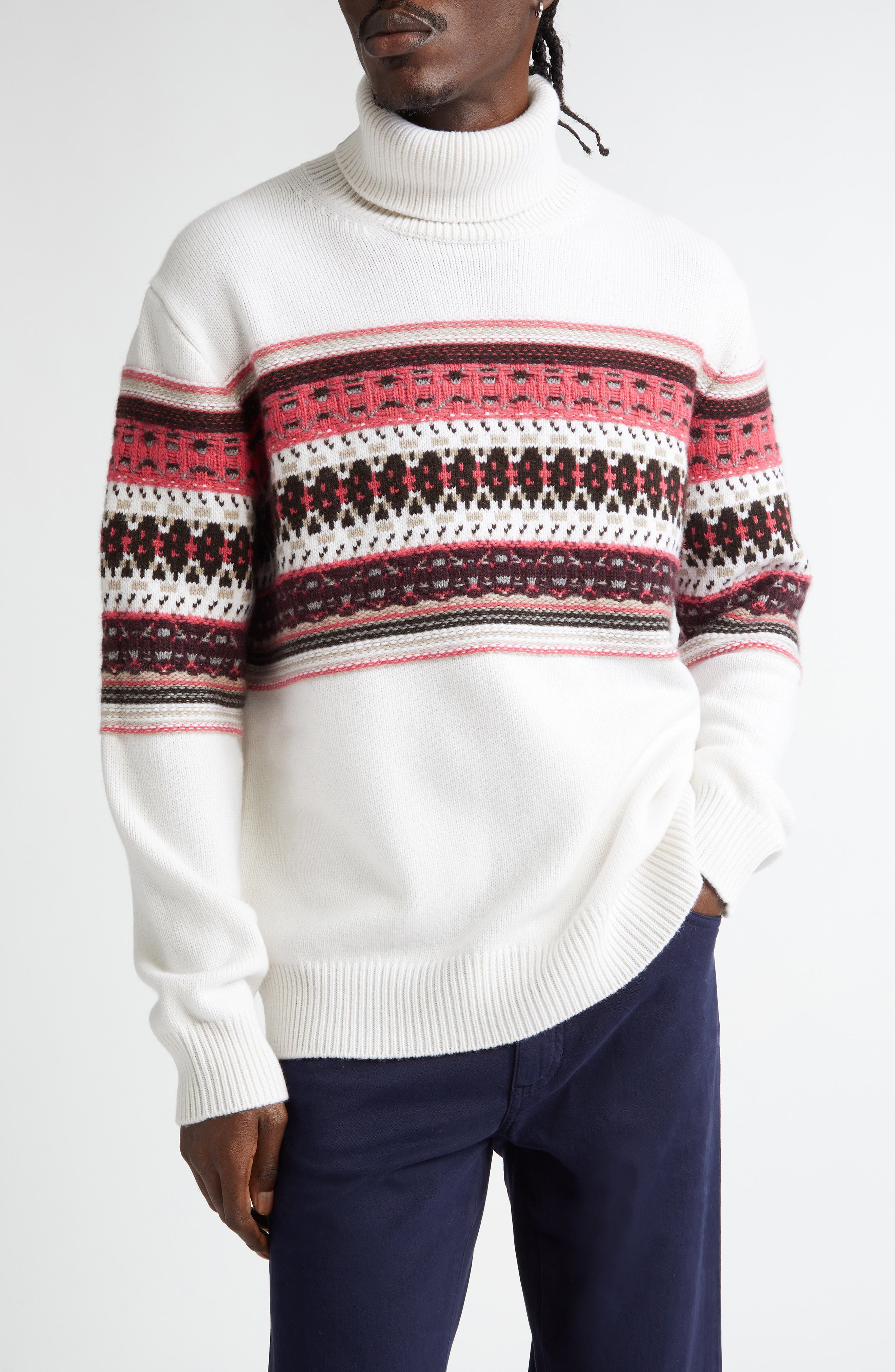 ZEGNA Oasi Fair Isle Cashmere Turtleneck Sweater in White/Multi Color 
